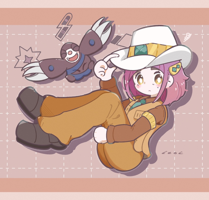 1girl arched_bangs badge bright_pupils brown_background brown_eyes brown_footwear claws clay_(pokemon) clay_(pokemon)_(cosplay) closed_eyes closed_mouth commentary_request cosplay cowboy_hat drilbur full_body gen_5_pokemon grid_background hat highres itoi_box lacey_(pokemon) nintendo open_mouth pink_hair pokemon pokemon_bw pokemon_sv shoes smile teeth white_headwear white_pupils