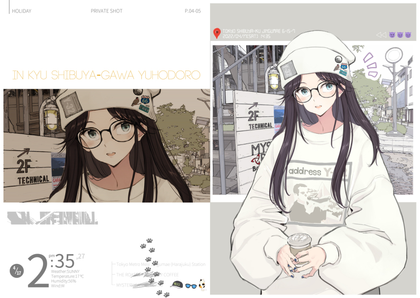 1girl alternate_hairstyle beanie black_hair blue_eyes cat_paw cup disposable_coffee_cup disposable_cup emoji glasses hair_down hat highres holding holding_cup idolmaster idolmaster_shiny_colors lamppost map_pin mitsumine_yuika nail_polish open_mouth oversized_sweater patch print_sweater shibuya_(tokyo) solo stairs sweater tetsuya_rice tokyo_(city) tree white_hat white_sweater