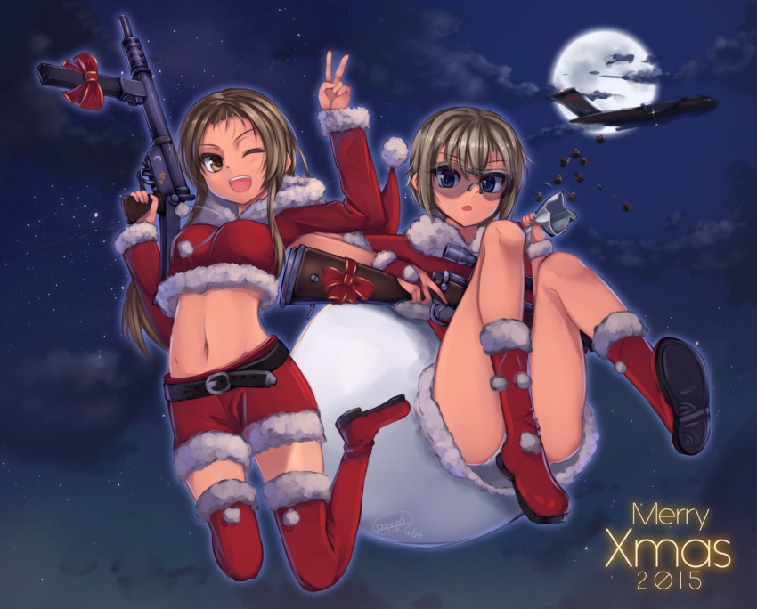 2girls aircraft airplane bad_id bad_pixiv_id blue_eyes bolt_action brown_eyes brown_hair dreadtie falling goggles gun highres kawase_ai lee-enfield long_hair midriff multiple_girls one_eye_closed original rifle santa_costume scope short_hair submachine_gun thighhighs weapon