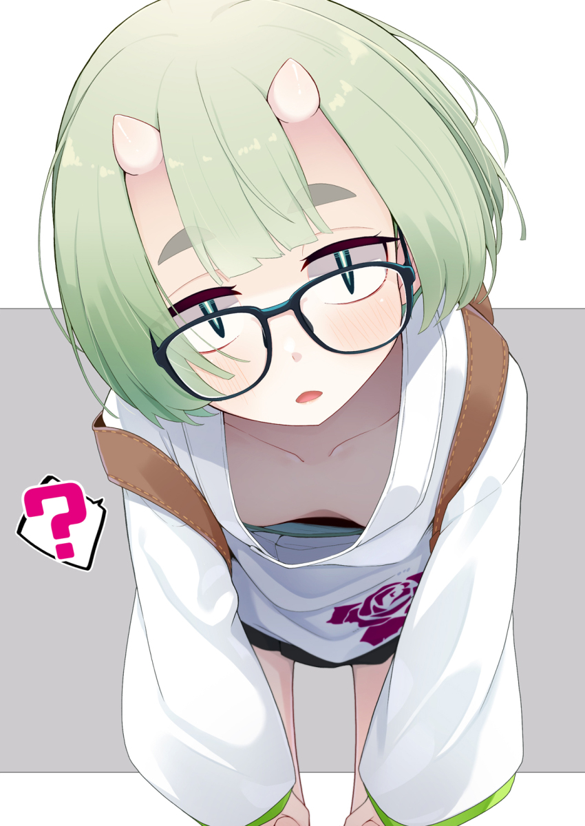 1girl ? akira_(ogami_kazuki) backpack bag bent_over black_skirt blush breasts collarbone commentary_request downblouse glasses green_eyes green_hair grey_background hands_on_own_knees head_tilt highres long_sleeves ogami_kazuki oni open_mouth original pleated_skirt shirt short_eyebrows short_hair skirt small_breasts solo spoken_question_mark thick_eyebrows two-tone_background white_background white_shirt