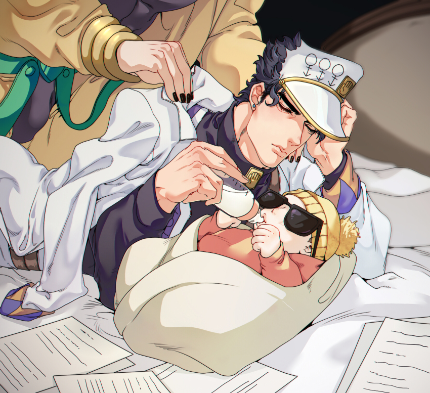 1girl 2boys baby baby_bottle beanie black_hair bottle coat coat_on_shoulders diamond_wa_kudakenai dio_brando hat highres jacket jacket_on_shoulders jojo_no_kimyou_na_bouken kuujou_joutarou less_end multiple_boys muscular muscular_male shizuka_joestar sleeping sunglasses