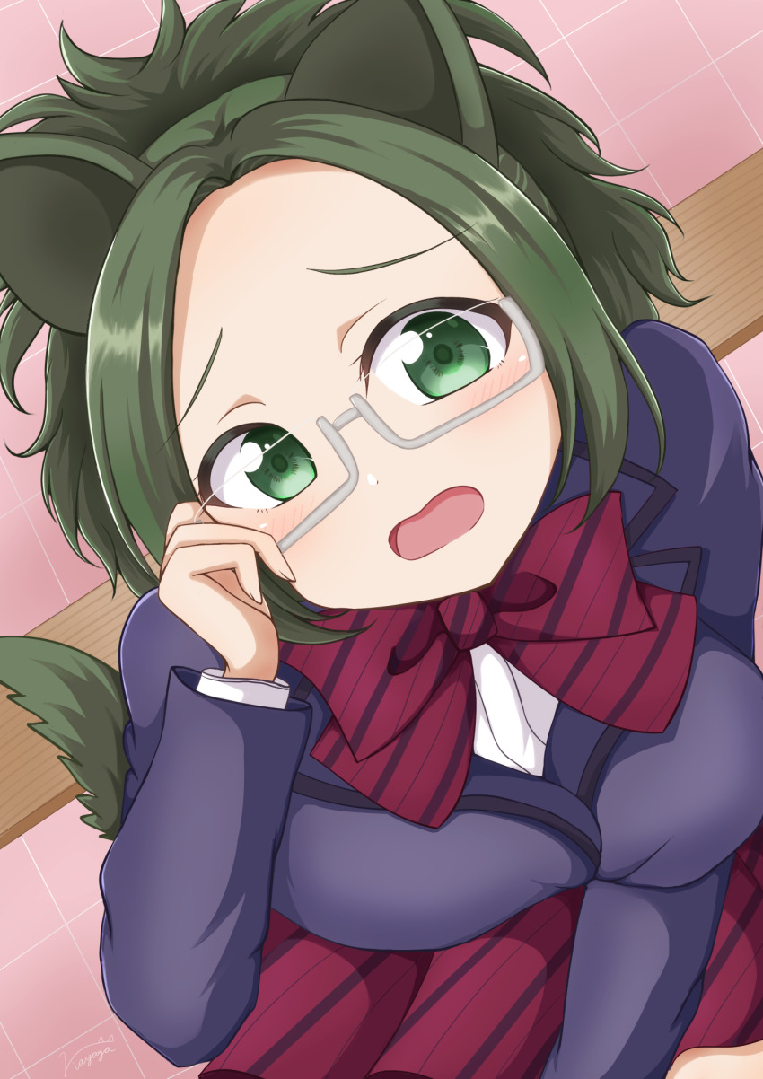 1girl agari_himiko animal_ears breasts glowing green_eyes green_hair highres holding holding_removed_eyewear itan_private_high_school_uniform komi-san_wa_komyushou_desu large_breasts looking_at_viewer open_mouth riayaya school_uniform solo tail unworn_eyewear