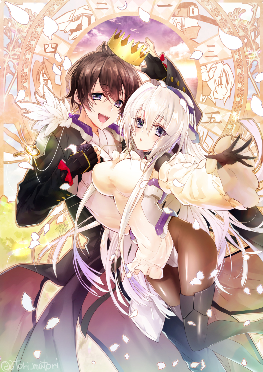 1boy 1girl aoi_toori apron blue_eyes bodysuit breasts brown_hair cowboy_shot crown earrings grey_hair highres holding_hands horizon_ariadust jewelry kyoukaisenjou_no_horizon large_breasts long_hair matori_(penguin_batake) open_mouth short_hair smile