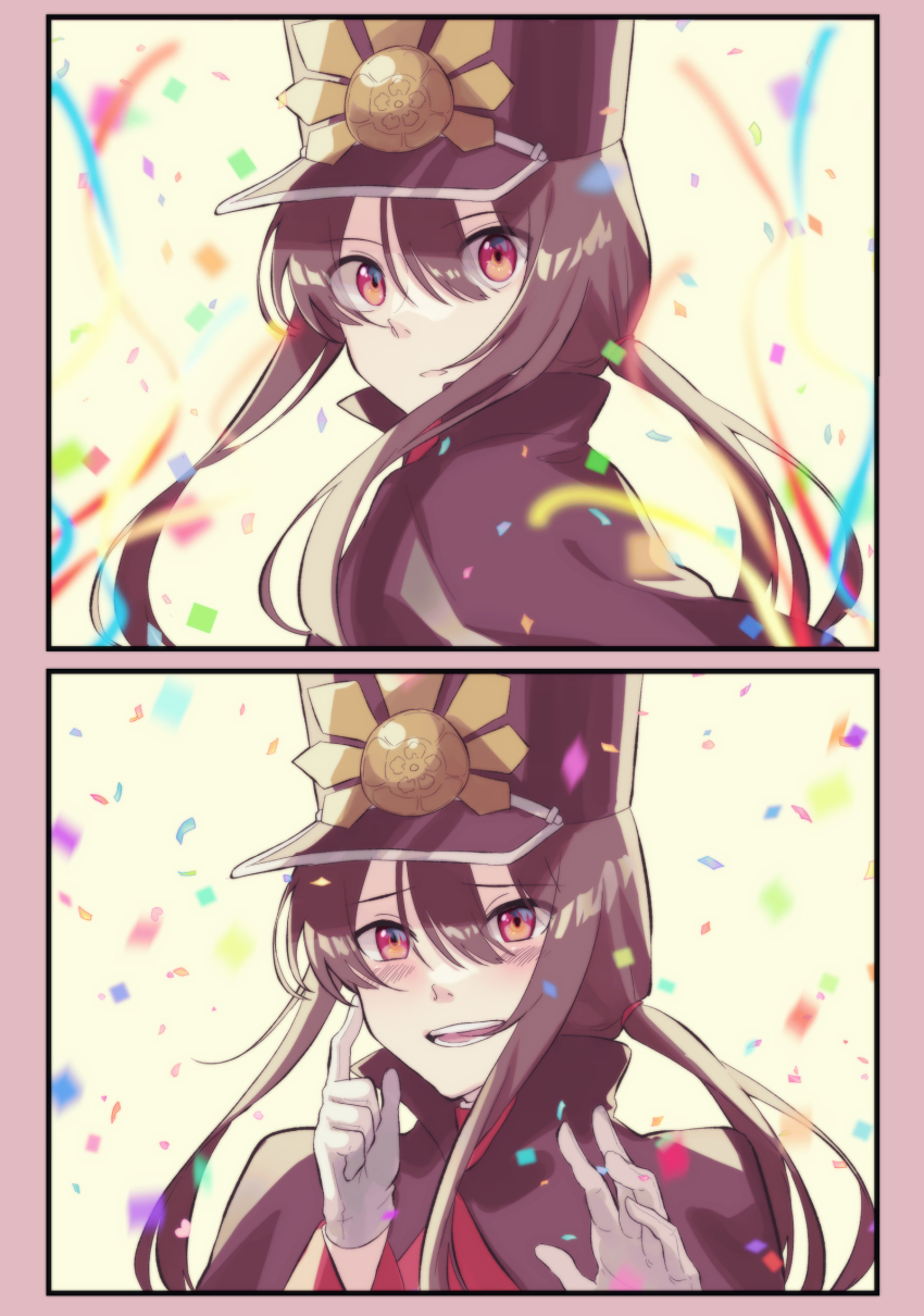 1boy :d black_border black_cape black_hair blush border brown_hair cape center-flap_bangs confetti crest family_crest fate/grand_order fate_(series) floating_hair gloves hair_between_eyes hand_on_own_cheek hand_on_own_face hand_up happy hat heart high_collar highres jacket kepi long_hair long_sleeves looking_at_viewer looking_back low_ponytail male_focus military_hat mipi multiple_views oda_nobukatsu_(fate) oda_uri open_mouth parted_lips pink_border ponytail raised_eyebrows red_eyes red_jacket sidelocks simple_background smile surprised white_background white_gloves wide-eyed