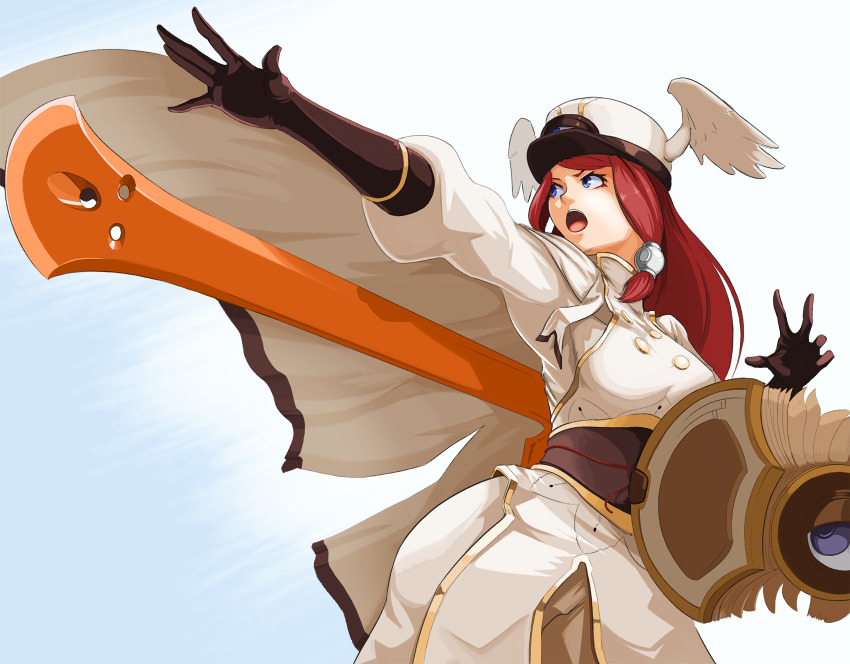 1girl arc_system_works blazblue blue_eyes cape gloves hair_tubes hat highres long_hair lord_jaywalk open_mouth pants red_hair shield solo sword tsubaki_yayoi weapon