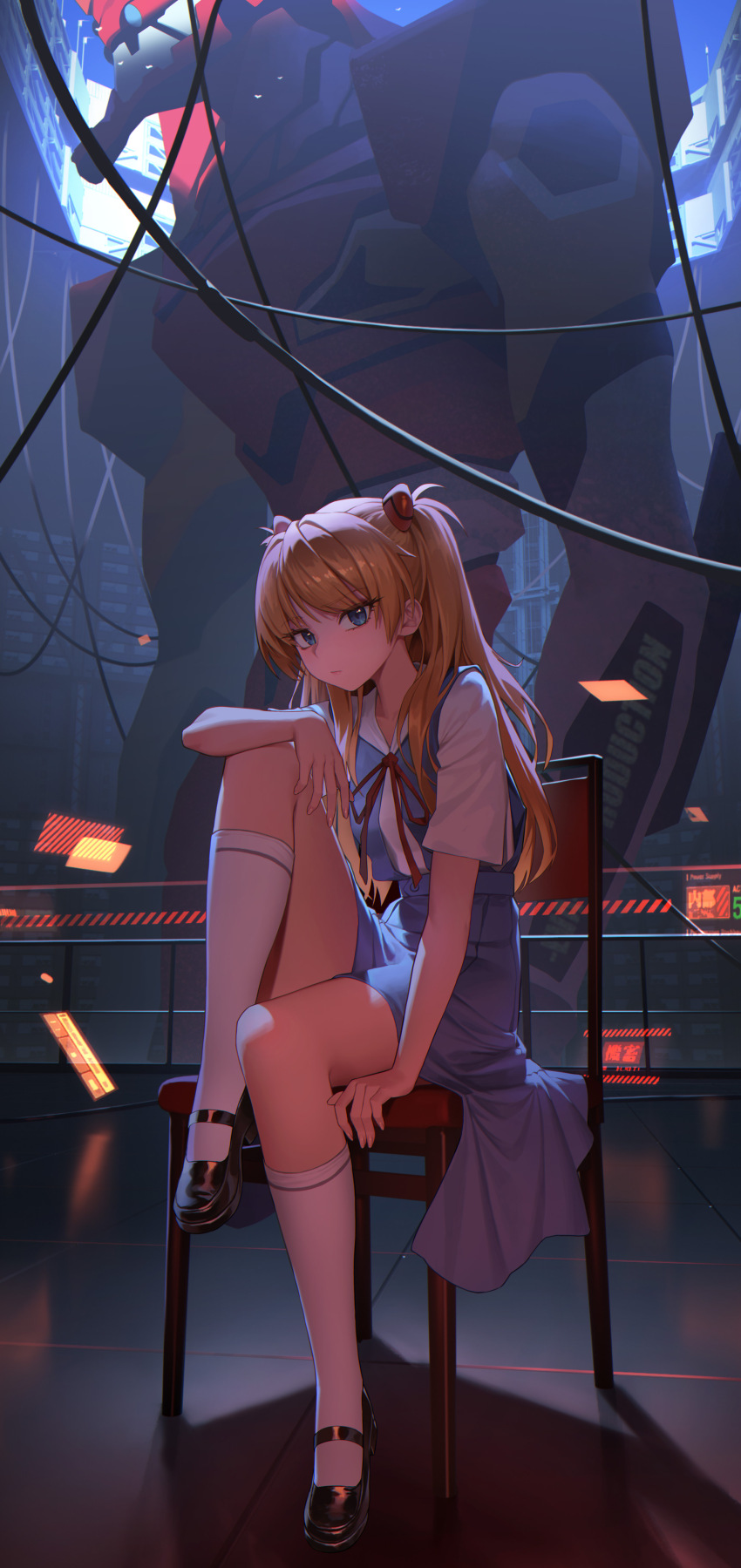 1girl absurdres black_shoes blue_eyes blue_skirt brown_hair eva_02 full_body highres knee_up long_hair looking_at_viewer mecha neon_genesis_evangelion robot school_uniform shirt shoes sitting skirt socks solo souryuu_asuka_langley tokyo-3_middle_school_uniform two_side_up white_shirt white_socks xzu