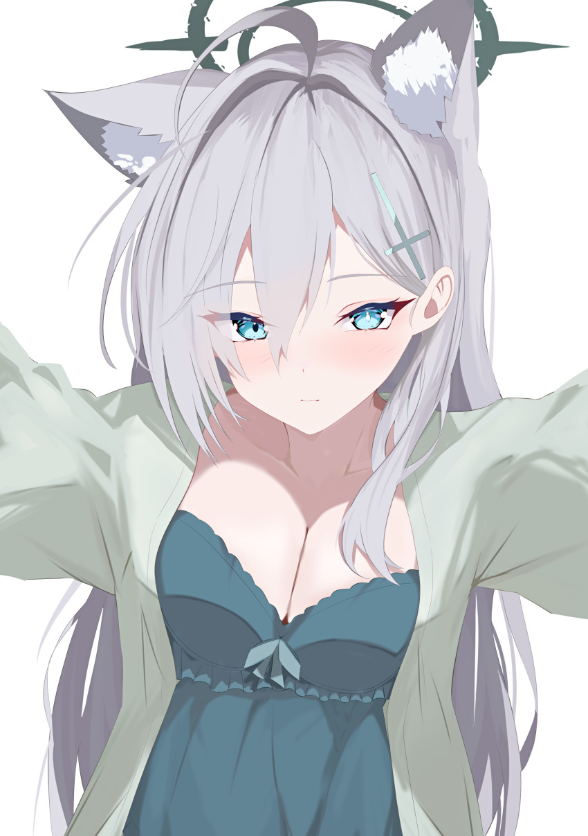 1girl absurdres ahoge alternate_costume animal_ear_fluff animal_ears black_halo blue_archive blue_eyes blush breasts bright_pupils broken_halo cleavage closed_mouth collarbone commentary_request cross_hair_ornament extra_ears eyelashes frilled_nightgown frills grey_hair hair_behind_ear hair_between_eyes hair_intakes hair_ornament halo highres huge_ahoge incoming_hug large_breasts long_hair long_sleeves looking_at_viewer mismatched_pupils natsuki_(natsu_1936) nightgown shiroko_terror_(blue_archive) simple_background sleepwear smile solo straight-on tsurime upper_body very_long_hair white_background white_pupils wolf_ears wolf_girl