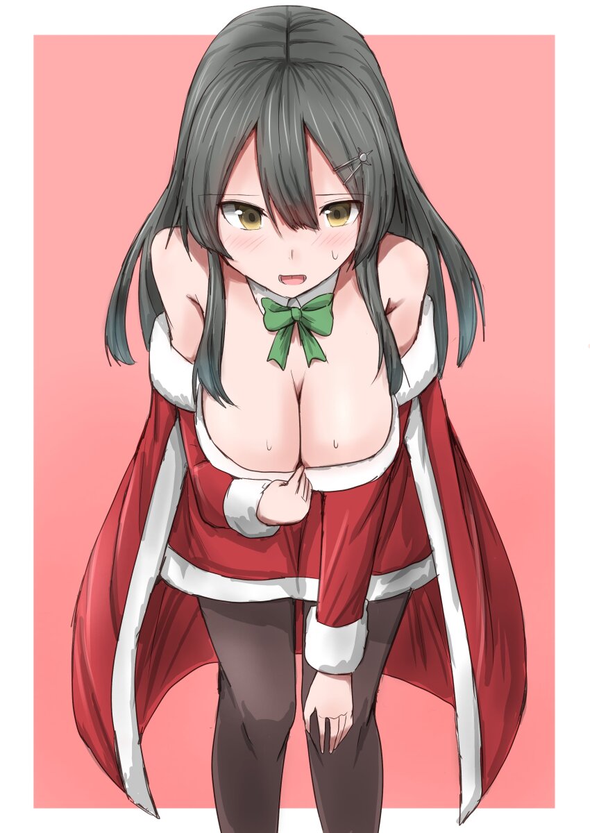 1girl absurdres black_hair black_pantyhose bow bowtie breasts brown_eyes cleavage commentary_request detached_collar dress feet_out_of_frame fur-trimmed_dress fur_trim green_bow green_bowtie hair_ornament hairclip highres kamaboko_senshi kantai_collection large_breasts long_hair off-shoulder_dress off_shoulder official_alternate_costume oyashio_(christmas)_(kancolle) oyashio_(kancolle) pantyhose red_dress solo