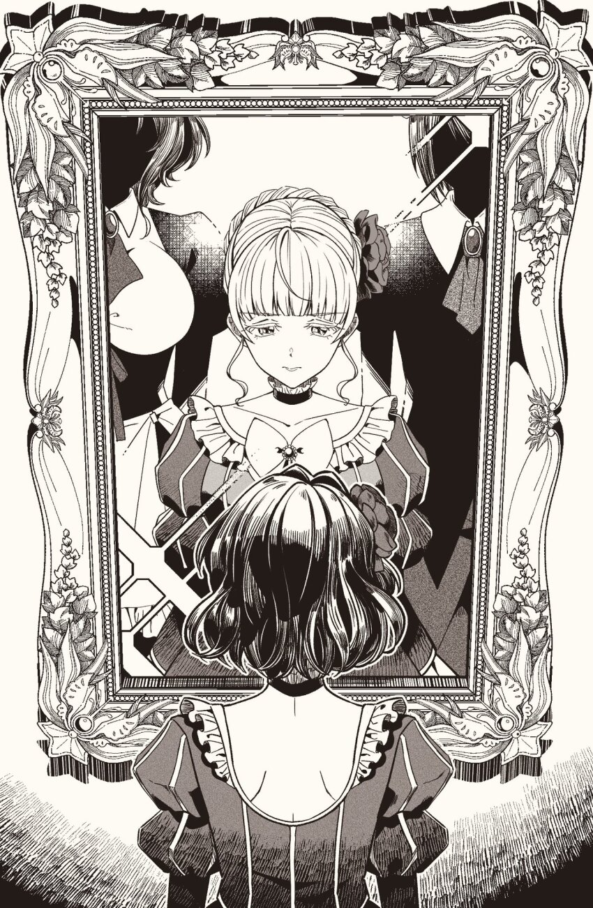 1boy 3girls beatrice_(umineko) blunt_bangs bow bowtie breasts collarbone detached_collar different_reflection dress eyelashes flower greyscale hair_flower hair_ornament highres kanon_(umineko) large_breasts monochrome multiple_girls multiple_persona portrait_(object) reflection sad shannon_(umineko) short_hair sidelocks spoilers standing suidousui umineko_no_naku_koro_ni yasu_(umineko)