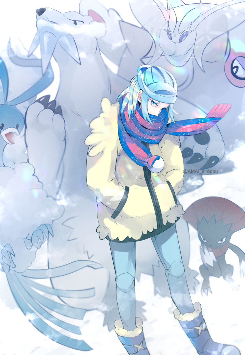 1boy altaria aqua_eyes aqua_hair beartic blue_footwear boots cetitan commentary_request dabu_(dabuchan) frosmoth gen_3_pokemon gen_4_pokemon gen_5_pokemon gen_8_pokemon grusha_(pokemon) hands_in_pockets highres jacket looking_at_viewer male_focus nintendo pants poke_ball_print pokemon pokemon_(creature) pokemon_sv scarf scarf_over_mouth standing striped_clothes striped_scarf watermark weavile yellow_jacket