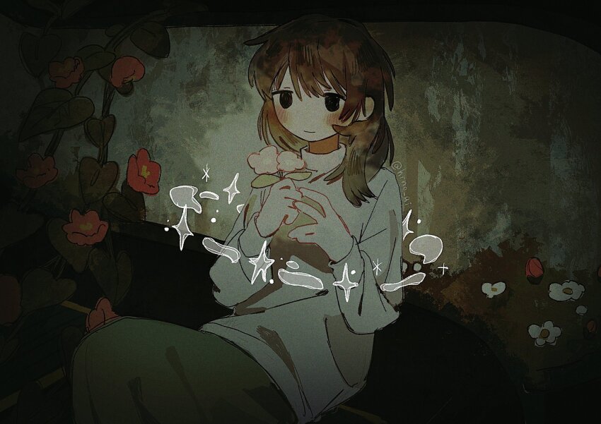 1girl black_eyes blush brown_hair flower green_skirt hair_over_shoulder highres holding holding_flower light_smile long_sleeves nishijima_fuyuki no_nose original pink_flower plant red_flower sitting skirt solo twitter_username vines white_flower