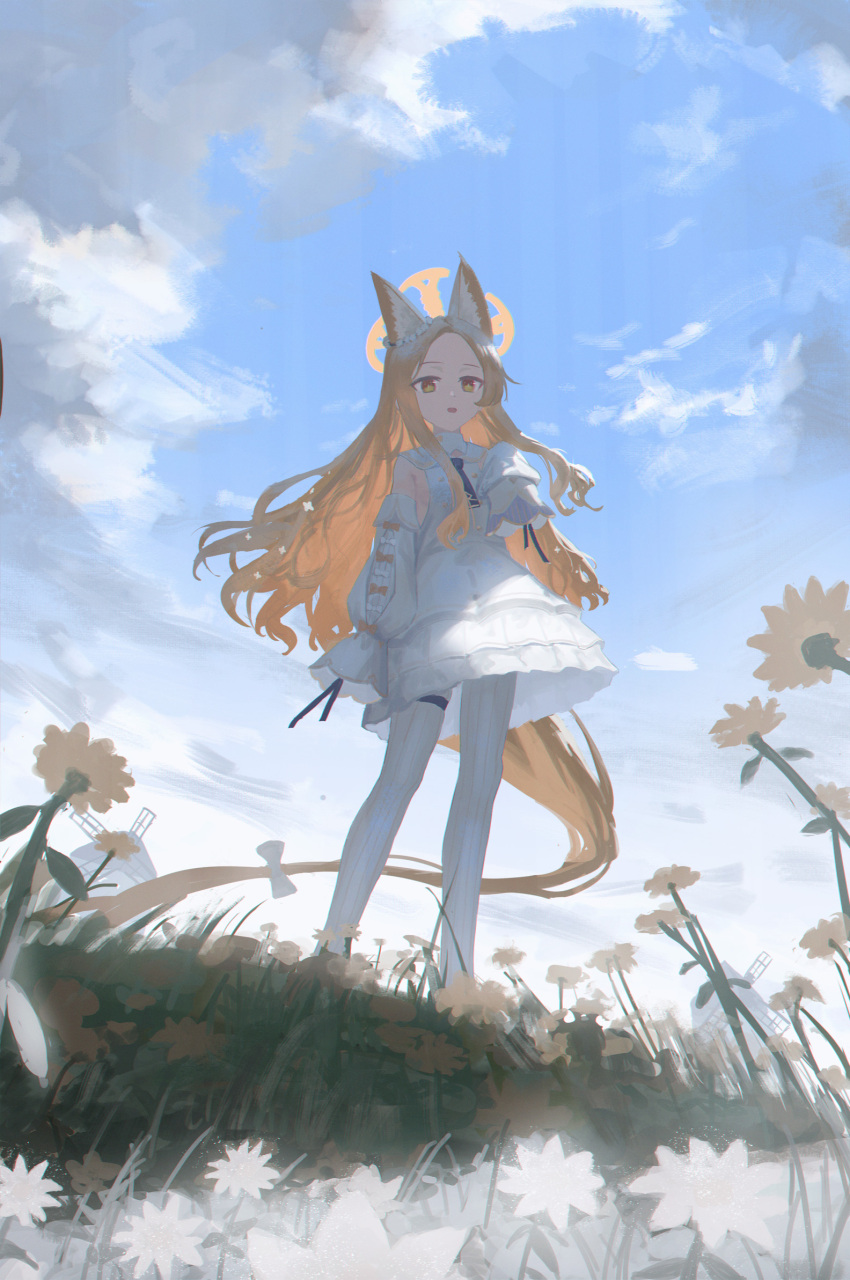 1girl absurdly_long_hair animal_ears blue_archive blue_sky breasts cloud commentary_request day detached_sleeves dress field flower flower_field fox_ears from_below full_body halo hand_up highres long_hair looking_at_viewer looking_down open_mouth outdoors pantyhose seia_(blue_archive) sideboob sky sleeves_past_fingers sleeves_past_wrists solo standing very_long_hair white_dress white_pantyhose xin1 yellow_halo