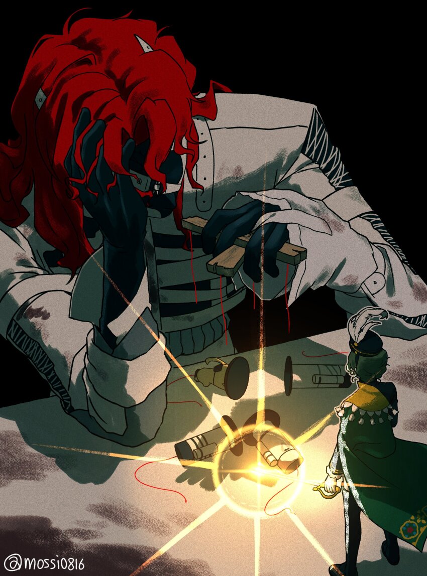 1boy 1girl absurdres aleph_(reverse:1999) black_background black_boots black_gloves black_hat boots cape chess_piece control_bar elbow_rest gloves green_cape hand_on_own_head hat head_rest highres holding holding_sword holding_weapon mini_person minigirl mossi_(mossi0816) puppet_strings recoleta_(reverse:1999) red_hair reverse:1999 shirt short_hair standing sword thigh_boots twitter_username upper_body weapon white_shirt