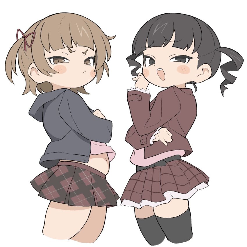 2girls :d angry belly black_eyes black_hair black_hoodie black_thighhighs blush_stickers brown_eyes brown_hair child cowboy_shot cropped_legs crossed_arms drill_hair from_side hair_ribbon hand_up highres hood hood_down hoodie jacket ketsu_juuji_killer_(kejuki) layered_skirt long_sleeves looking_at_viewer looking_to_the_side marui_mitsuba medium_hair mesugaki midriff_peek miniskirt mitsudomoe_(manga) multiple_girls navel one_side_up open_clothes open_hoodie open_mouth pink_shirt plaid_clothes plaid_skirt pleated_skirt raised_eyebrows red_jacket red_ribbon red_skirt ribbon shirt simple_background skirt smile standing sugisaki_miku teeth thick_thighs thighhighs thighs tsurime twin_drills upper_teeth_only v-shaped_eyebrows white_background zettai_ryouiki