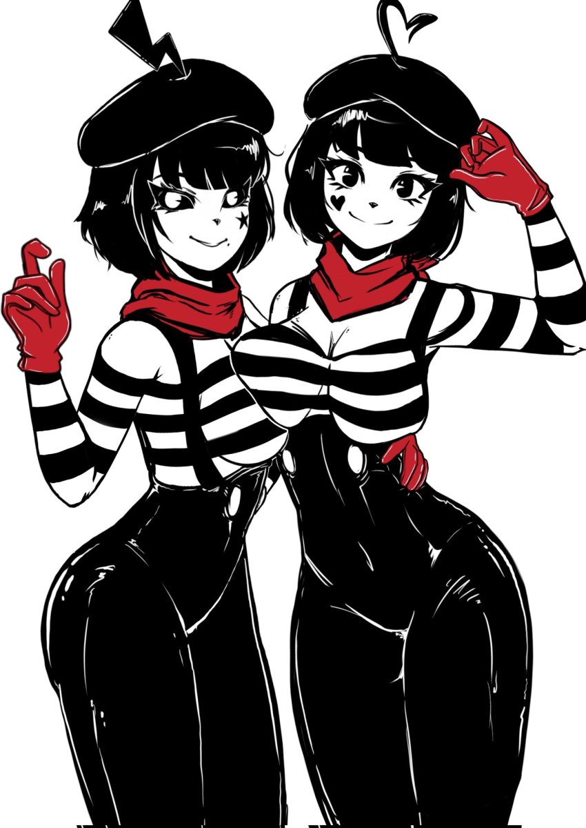 2girls amy_jenssen artist_request beret black_eyes black_hair bonbon_(derpixon) breast_press breasts chuchu_(derpixon) curvy dark_eyes gloves hat heart_(symbol) highres large_breasts mime mime_and_dash morgan_smo multiple_girls overalls scarf simple_background star_(symbol)