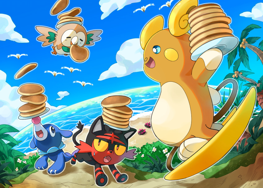 =_= alolan_form alolan_raichu animal_focus beach bird blue_eyes blue_sky cat cloud colored_sclera commentary_request day fangs floating flying food food_in_mouth gen_3_pokemon gen_7_pokemon grass holding holding_plate horizon leaf litten mobbbt nintendo no_humans open_mouth outdoors outline palm_tree pancake pancake_stack plate pokemon pokemon_(creature) pokemon_focus popplio pyukumuku rowlet sand sky smile starter_pokemon_trio sweatdrop tree water wingull yellow_sclera