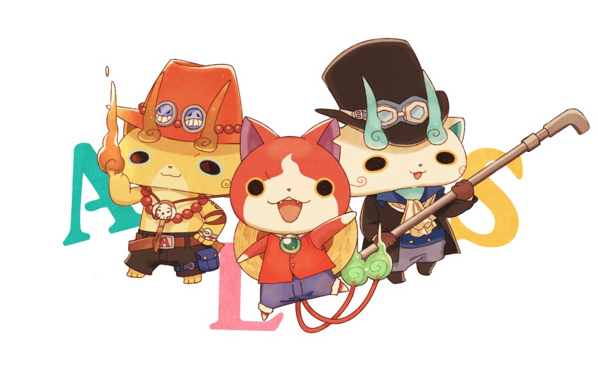 bad_id bad_pixiv_id cat commentary_request copyright_name cosplay gloves goggles goggles_on_headwear hand_on_own_hip hat highres jewelry jibanyan kanacho komajirou komasan monkey_d._luffy monkey_d._luffy_(cosplay) multiple_tails necklace no_humans notched_ear one_piece portgas_d._ace portgas_d._ace_(cosplay) sabo_(one_piece) sabo_(one_piece)_(cosplay) simple_background straw_hat tail top_hat traditional_youkai two_tails white_background youkai_watch
