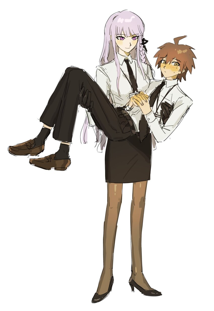 1boy 1girl black_necktie black_pants black_ribbon blush braid brown_footwear brown_hair brown_pantyhose carrying collared_shirt danganronpa:_trigger_happy_havoc danganronpa_(series) full_body hair_ribbon high_heels highres kirigiri_kyoko mota_(motaberrie) necktie pants pantyhose princess_carry purple_hair reverse_princess_carry ribbon shirt short_hair side_braid simple_background standing white_background white_shirt