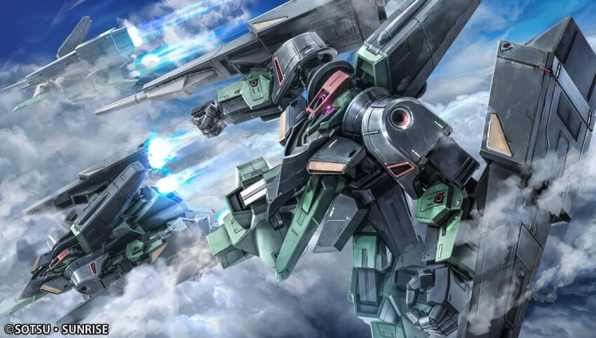 alternate_form arm_cannon artist_request battle beam_cannon cable cloud copyright_logo double_beam_cannon dual_wielding fake_screenshot flying gaplant gundam gundam_battle_operation_2 holding machinery mecha mecha_focus mobile_suit no_humans official_art one-eyed realistic robot science_fiction shield sunrise_(company) thrusters titans_(gundam) weapon zeta_gundam
