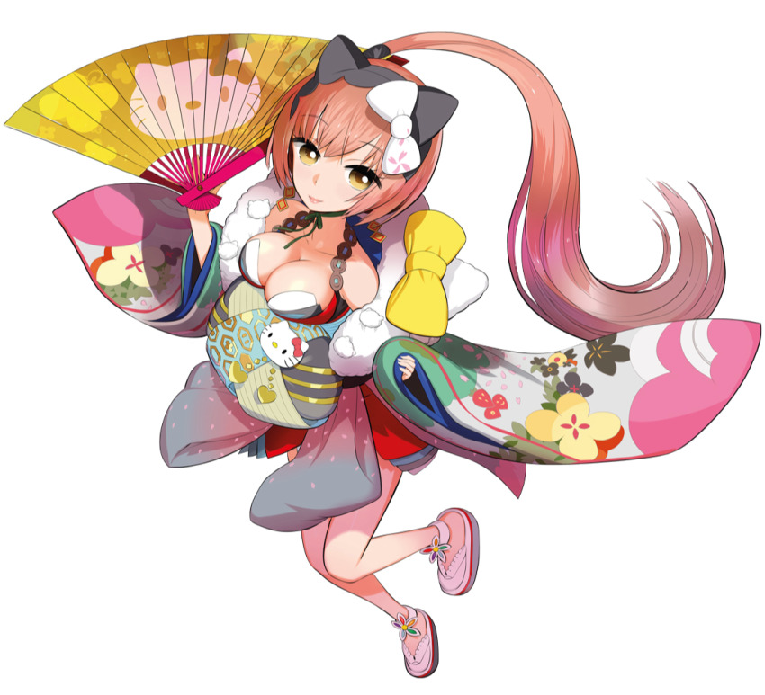 1girl aged_up animal_ears bare_legs bow breasts cat_ears cleavage closed_mouth fake_animal_ears floating_clothes floating_hair floral_print folding_fan from_above hair_bow hand_fan hello_kitty hello_kitty_(character) hello_kitty_print holding holding_fan japanese_clothes kimono lips looking_at_viewer multicolored_kimono nekomura_iroha nekomura_iroha_(vocaloid4) obi official_art okama okobo pink_hair platform_sandals print_kimono sandals sanrio sash side_ponytail simple_background smile solo third-party_source vocaloid white_background white_bow yellow_bow yellow_eyes