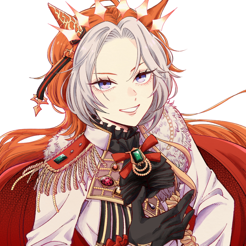 1girl animal_ears ascot black_ascot black_gloves ear_covers gloves hair_between_eyes hair_ornament highres horse_ears horse_girl jacket long_hair long_sleeves looking_at_viewer multicolored_hair orange_hair orfevre_(old_design)_(umamusume) simple_background single_ear_cover smile solo umamusume user_mckz5788 white_background white_hair