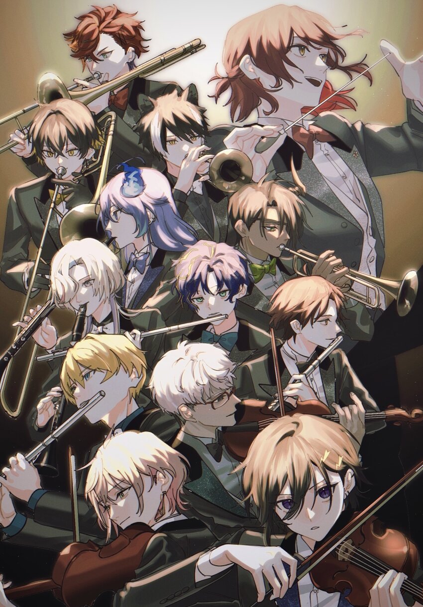 6+boys :d animal_ears aqua_eyes aqua_hair aragami_oga arurandeisu astel_leda asymmetrical_bangs black_bow black_bowtie black_gloves black_hair black_jacket blonde_hair blue_bow blue_bowtie blue_eyes blue_hair bow bow_(music) bowtie clarinet closed_mouth concentrating conductor conductor_baton crossed_bangs curtained_hair earrings everyone eyepatch flower flute gloves green_bow green_bowtie green_eyes grey_eyes grey_hair grey_shirt hair_between_eyes hair_flower hair_ornament hair_over_one_eye half_updo hanasaki_miyabi highres hitodama hizaki_gamma holding holding_flute holding_instrument holding_trumpet holding_violin holostars horns instrument jackal_boy jackal_ears jacket jewelry kageyama_shien kanade_izuru kishido_temma lapels lightning_bolt lightning_bolt_hair_ornament lightning_bolt_symbol long_hair looking_ahead looking_at_viewer looking_down male_focus medium_hair minase_rio momiage_40 multicolored_hair multiple_boys music official_alternate_costume open_clothes open_jacket open_mouth orange_eyes orange_hair orchestra parted_lips peaked_lapels pink_hair playing_instrument purple_eyes purple_hair red_hair rikka_(holostars) shirt short_hair single_horn smile spotlight streaked_hair suit_jacket traditional_bowtie trombone trumpet tuxedo_shirt uniform upper_body utsugi_uyu vest violin virtual_youtuber white_bow white_bowtie white_hair white_shirt white_vest yatogami_fuma yellow_bow yellow_bowtie yellow_eyes yukoku_roberu