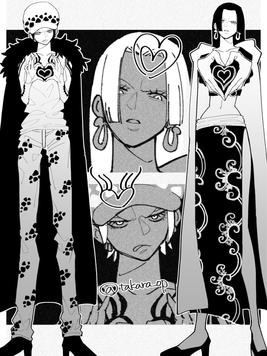 2girls :/ arm_tattoo boa_hancock boots breast_tattoo canon_genderswap cape commentary crop_top denim earrings finger_heart frown full_body fur_cape fur_hat genderswap genderswap_(mtf) hat heart heart_hands height_connection high_heels highres jeans jewelry long_hair looking_at_viewer midriff monochrome multiple_girls one_piece pants short_hair shoulder_tattoo skirt snake_earrings standing symbol-only_commentary takara_op tank_top tattoo teeth trafalgar_law trafalgar_law_(female) twitter_username v-shaped_eyebrows very_long_hair