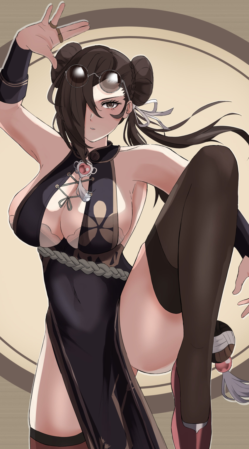 1girl absurdres arm_up armpits azur_lane bare_shoulders black_dress black_thighhighs bra bra_peek braid braided_bun breasts bremerton_(azur_lane) bremerton_(azur_lane)_(cosplay) bremerton_(kung_fu_cruiser)_(azur_lane) bridal_gauntlets brown_bra brown_eyes brown_footwear brown_hair china_dress chinese_clothes cleavage commentary_request commission cosplay cowboy_shot double_bun dress eyewear_on_head fire_emblem fire_emblem_fates flats hair_between_eyes hair_bun hair_over_one_eye hair_ribbon highres kagero_(fire_emblem) large_breasts long_hair looking_at_viewer nintendo parted_lips peli_cantaro pelvic_curtain ribbon round_eyewear sidelocks skeb_commission skindentation sleeveless sleeveless_dress solo standing standing_on_one_leg strapless strapless_bra thighhighs tinted_eyewear underwear