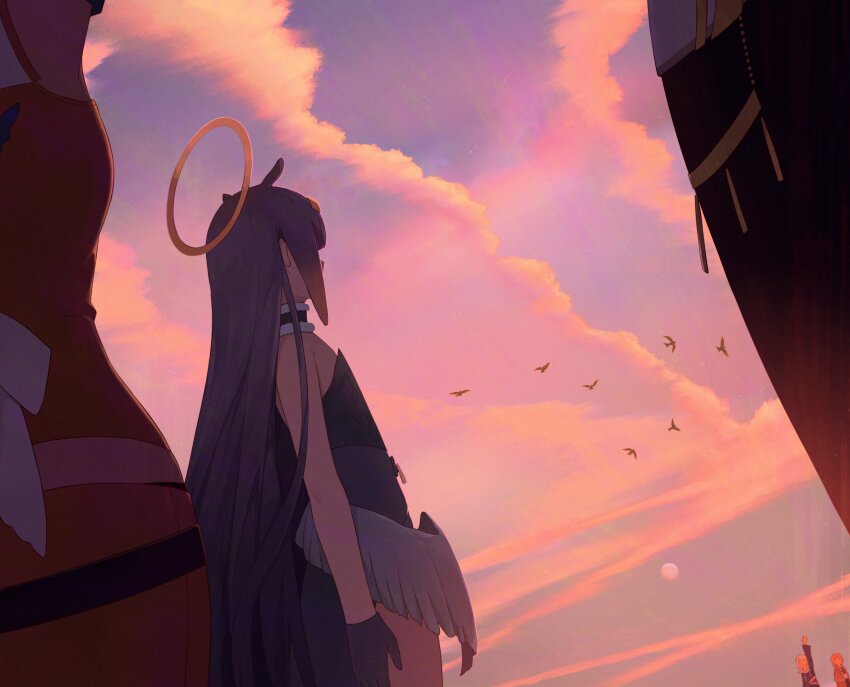 5girls absurdres animal_hood arm_up bird bow brown_capelet capelet cloud cloudy_sky commentary dress from_behind gawr_gura gawr_gura_(1st_costume) gloves gradient_hair halo highres hololive hololive_english holomyth hood kaihaku_(kaihaku2001) long_hair moon mori_calliope mori_calliope_(1st_costume) multicolored_hair multiple_girls ninomae_ina&#039;nis ninomae_ina&#039;nis_(1st_costume) orange_hair orange_skirt orange_sky purple_hair shark_hood skirt sky strapless strapless_dress takanashi_kiara takanashi_kiara_(1st_costume) tentacle_hair tube_dress twilight virtual_graduation_commemoration virtual_youtuber watson_amelia watson_amelia_(1st_costume) waving white_bow wings yellow_halo