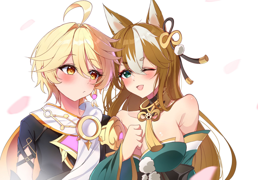 1boy 1girl aether_(genshin_impact) animal_ears aqua_eyes armor bare_shoulders black_shirt blonde_hair blush breasts brown_hair choker closed_mouth commission dog_ears earrings genderswap genderswap_(mtf) genshin_impact gorou_(genshin_impact) green_kimono hair_between_eyes highres hina_(genshin_impact) japanese_clothes jewelry kimono long_hair medium_breasts midori_(midori13579) multicolored_hair one_eye_closed open_mouth scarf shirt shoulder_armor single_earring smile tassel_choker white_background white_hair white_scarf yellow_eyes