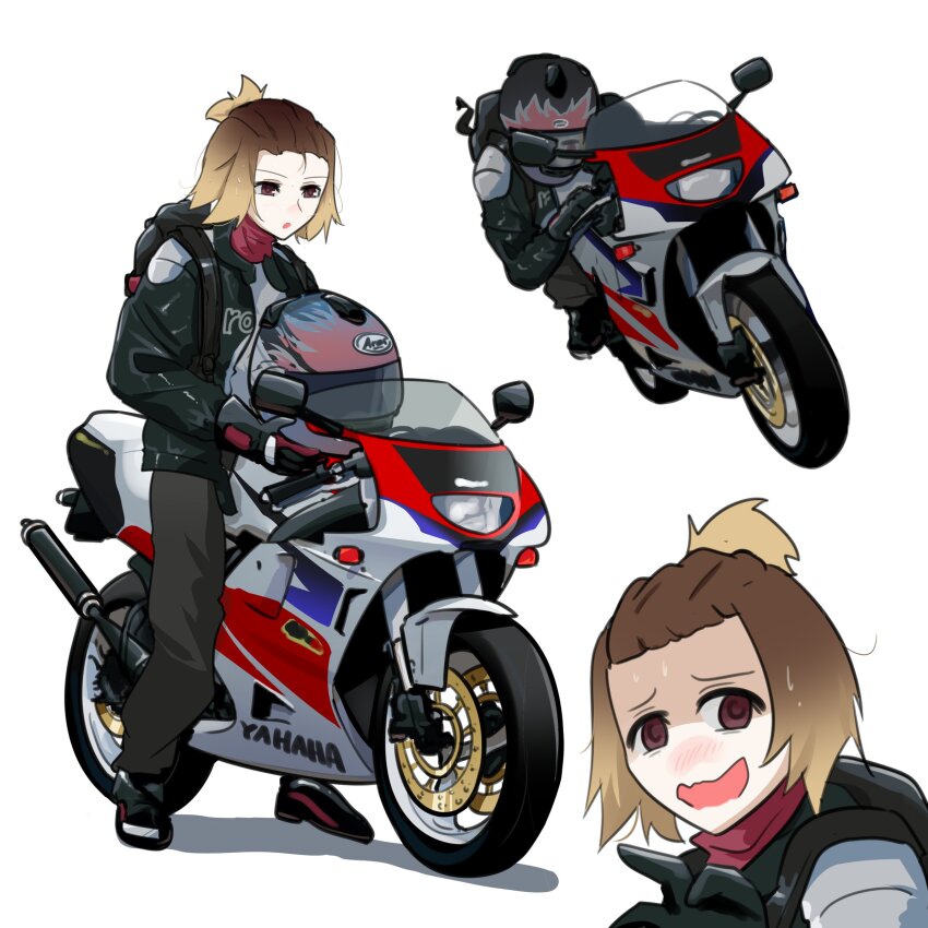 1girl @_@ absurdres barber_girl_(holeecrab) black_footwear black_helmet black_jacket black_pants blush brown_eyes brown_hair commentary english_commentary flame_print gradient_hair helmet highres holeecrab jacket leaning_to_the_side looking_at_viewer motor_vehicle motorcycle multicolored_hair on_motorcycle open_mouth original pants ponytail shaded_face shadow short_hair simple_background unworn_headwear unworn_helmet vehicle_focus white_background yamaha