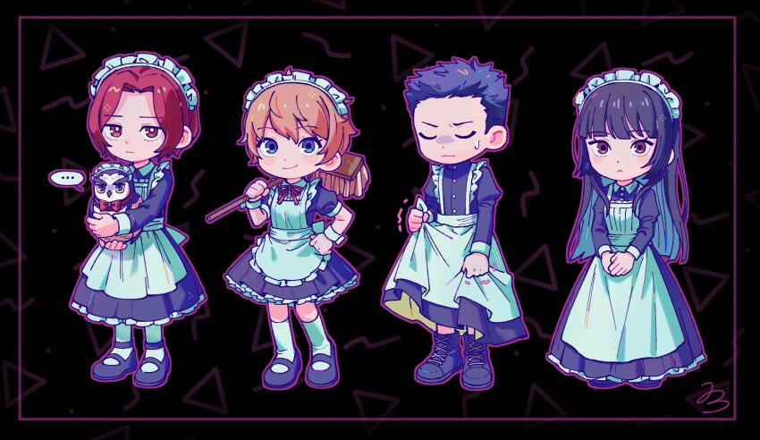 ... 2boys 2girls :&lt; alternate_costume animal annoyed apron arai_motoha artist_name back_bow bad_id bad_twitter_id bird black_background black_boots black_dress black_hair black_shoes blue_eyes boots bow bright_pupils brown_eyes brown_hair closed_eyes closed_mouth collared_dress crossdressing crossdressing_(mtf) curtained_hair dress enmaided frilled_dress frills full_body furrowed_brow hand_on_own_hip highres holding holding_animal holding_bird holding_mop jack_7274 juliet_sleeves kamishiro_nagisa kanou_shun lace-up_boots long_dress long_hair long_sleeves looking_at_viewer lufel_(owl)_(p5x) lufel_(p5x) maid maid_apron maid_headdress male_maid mary_janes mop multiple_boys multiple_girls neck_ribbon outline parted_bangs persona persona_5 persona_5:_the_phantom_x pleated_dress puffy_short_sleeves puffy_sleeves purple_outline red_eyes red_hair red_ribbon ribbon shaking shoes short_hair short_sleeves signature simple_background skirt_hold sleeve_cuffs smile socks speech_bubble spoken_ellipsis sweat tanemura_riko v_arms very_short_hair waist_apron white_apron white_bow white_pupils white_socks wing_collar wrist_cuffs