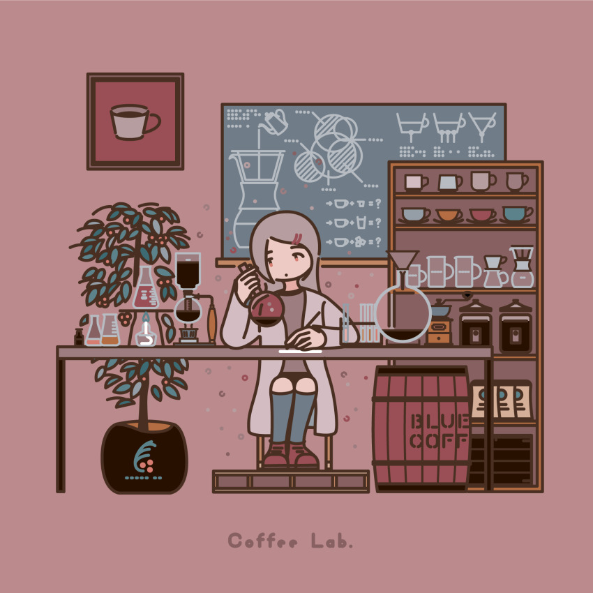 1girl brown_eyes brown_hair chair chalkboard coffee hair_ornament hairclip highres kei_kawakami lab_coat long_hair long_sleeves looking_away original plant potted_plant sitting solo
