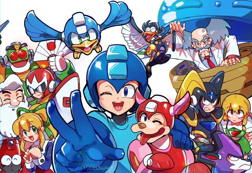 2girls 6+boys armor assault_visor auto_(mega_man) balding bass_(mega_man) beat_(mega_man) black_armor black_helm blonde_hair blue_bodysuit blue_eyes blue_helmet bodysuit chest_jewel coat dr._light_(mega_man) dr._wily_(mega_man) dress eddie_(mega_man) facial_hair forehead_jewel green_dress grey_hair group_picture hand_fan helmet high_ponytail highres holding holding_fan lab_coat long_hair medium_hair mega_man_(character) mega_man_(classic) mega_man_(series) multiple_boys multiple_girls mustache non-humanoid_robot one_eye_closed original piano_(srnhuyuno) ponytail proto_man red_dress red_helmet robot robot_animal robot_bird robot_boy robot_dog roll_(mega_man) rush_(mega_man) scar scar_on_face simple_background srnhuyuno tongue tongue_out treble_(mega_man) w white_background white_beard white_coat white_hair
