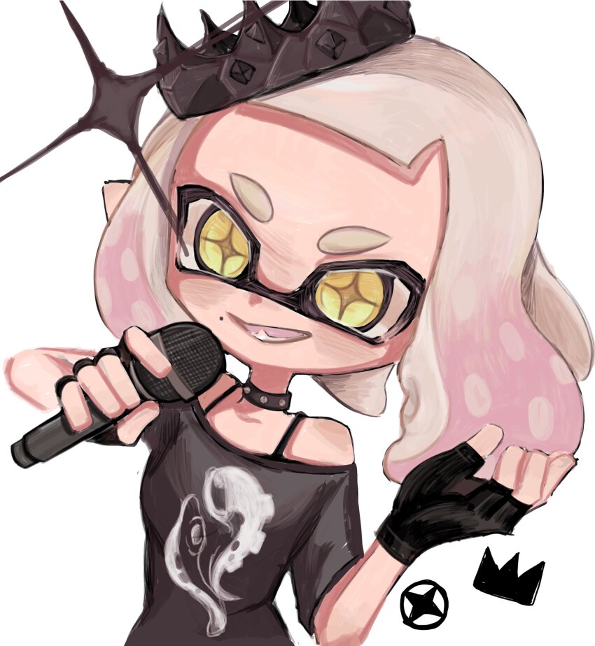 1girl black_collar black_gloves cephalopod_eyes collar commentary crown fingerless_gloves gloves gradient_hair highres holding holding_microphone inkling looking_at_viewer medium_hair microphone mole mole_under_mouth multicolored_hair nintendo nosunida off-shoulder_shirt off_shoulder official_alternate_costume open_mouth pearl_(splatoon) pearl_(springfest)_(splatoon) pink_hair pointy_ears print_shirt shirt simple_background smile solo sparkle spiked_collar spikes splatoon_(series) splatoon_3 symbol-only_commentary teeth tentacle_hair thick_eyebrows two-tone_hair upper_body white_background white_hair yellow_eyes yellow_pupils