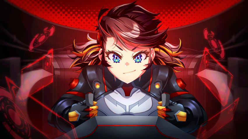 1girl absurdres blue_eyes bodysuit brown_hair closed_mouth cockpit eyelashes highres izzu marvel marvel_rivals multicolored_hair orange_hair peni_parker short_twintails smile solo spider-man_(series) textless_version twintails two-tone_hair v-shaped_eyebrows
