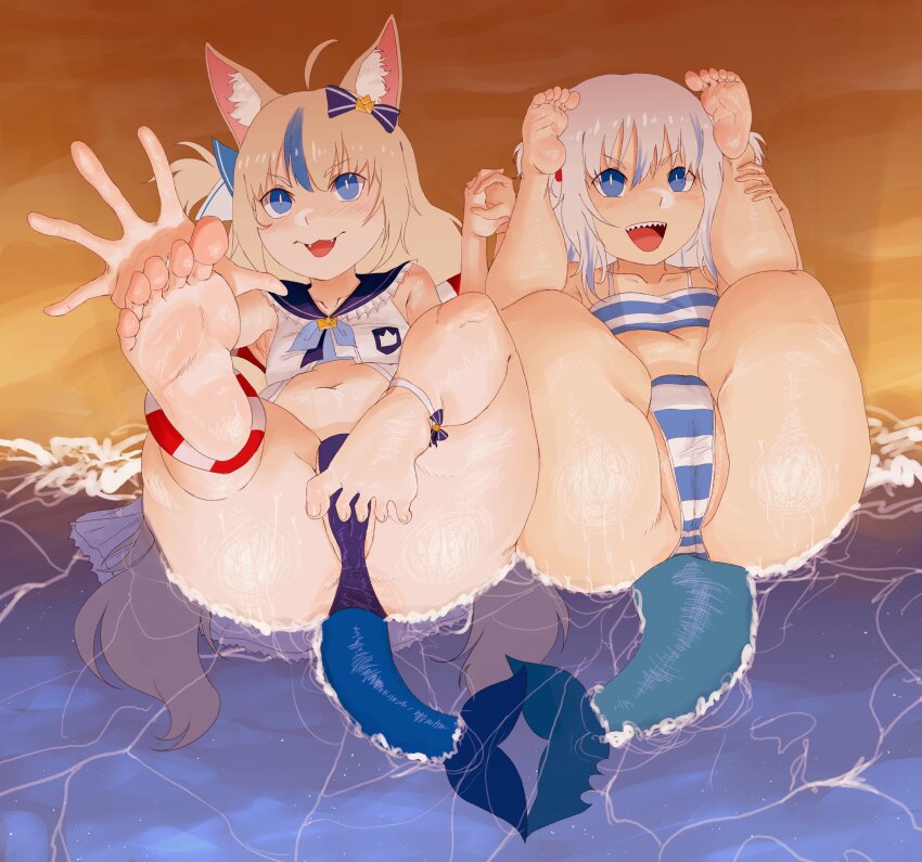 2girls absurdres animal_ears beach bikini blue_hair cat_ears fat_pussy feet fins fish_tail foot_focus gawr_gura hands_up highres holding_hands hololive hololive_english indie_virtual_youtuber kyojiri_loli kyokeer loli multicolored_hair multiple_girls navel ocean open_mouth pussy pussy_peek reflection reflective_liquid sailor_collar sameko_saba sand school_uniform serafuku shark_tail sharp_teeth striped_bikini striped_clothes swimsuit tail teeth thick_thighs thighs virtual_youtuber water wristband