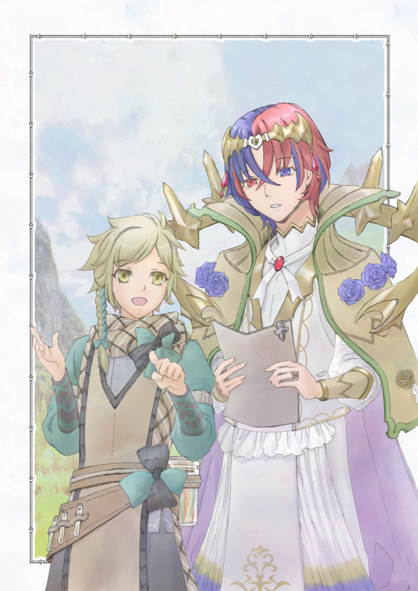 2boys male_alear_(fire_emblem) blonde_hair blue_eyes blue_hair clanne_(fire_emblem) crossed_bangs fire_emblem fire_emblem_engage heterochromia highres multicolored_hair multiple_boys nintendo plaid_clothes plaid_scarf red_eyes red_hair scarf split-color_hair toki_(xxxxxmoe1983oct) two-tone_hair yellow_eyes