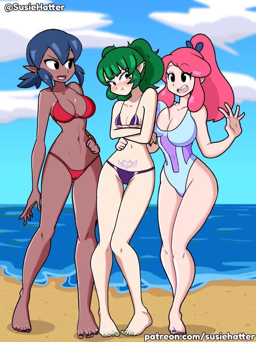 3girls bare_shoulders barefoot beach bikini blue_hair blue_hairband blush breasts colored_skin dana_(susie_hatter) dark-skinned_female dark_skin demon_girl earrings english_text eyeliner freckles full_body green_hair hairband happy highres jewelry kiki_(susie_hatter) large_breasts lili_(susie_hattee) long_hair makeup multiple_girls muscular muscular_female nail_polish original patreon_username pink_hair pointy_ears pout pout pouty pouty_lips pubic_tattoo purple_bikini red_bikini short_hair small_breasts smile susie_hatter swimsuit tattoo twitter_username watermark web_address white_skin
