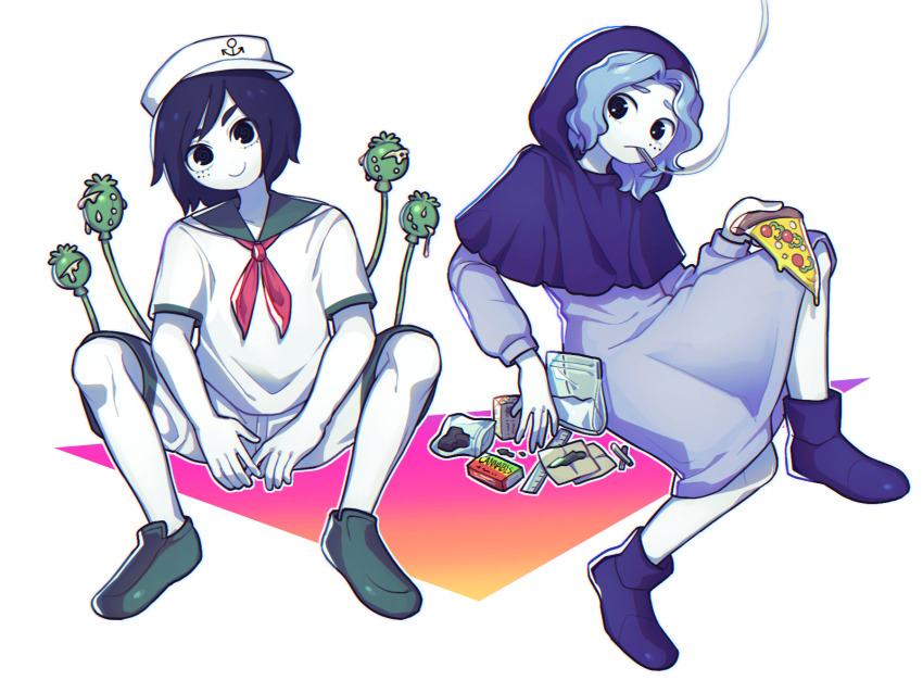 2girls @_@ bag black_eyes black_hair blue_dress blue_footwear blue_hair closed_mouth cocaine commentary_request cookie_(touhou) dress drugs flour_(cookie) flower food full_body green_footwear hat highres hita_(hizokuseikogeki) hood hood_up joint_(drug) kumoi_ichirin looking_at_viewer looking_to_the_side marijuana milk_(cookie) multiple_girls murasa_minamitsu opium pizza pizza_slice plastic_bag poppy_(flower) red_neckwear sailor_collar sailor_hat shirt shoes short_hair shorts smile smoking squatting touhou transparent_background white_shirt white_shorts