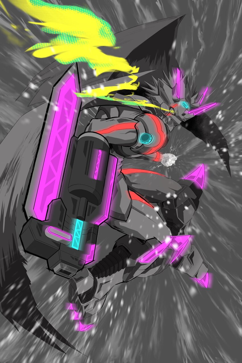 1boy arm_blade arm_cannon clenched_hand digimon digimon_(creature) digimon_ghost_game dragon energy_cannon full_body glowing grey_background highres horns mas_square neon_lights partially_colored siriusmon solo spiked_hair sword weapon yellow_eyes