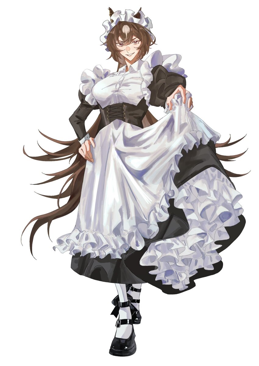 1girl alternate_costume animal_ears black_dress black_shoes brown_hair commentary_request dress enmaided full_body grin highres horse_ears horse_girl horse_tail looking_at_viewer maid maid_headdress multicolored_hair negitoro_0326 red_eyes shoes simple_background sirius_symboli_(umamusume) skirt_hold smile solo standing streaked_hair tail umamusume white_background white_dress white_hair white_headdress