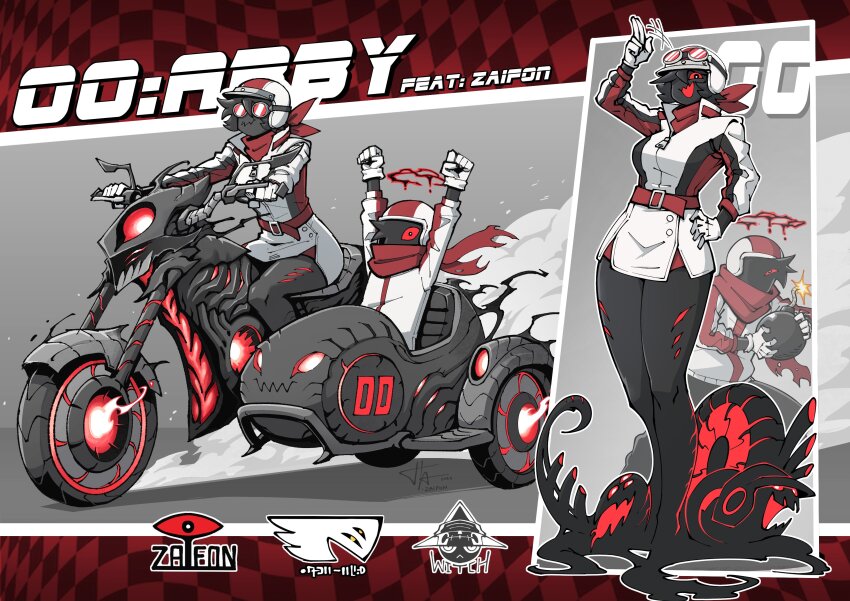 1boy 1girl abby_(za1f0n) absurdres arms_up artist_self-insert belt biker_clothes bikesuit black_hair black_halo blood blood_halo bodysuit bomb breasts colored_sclera colored_skin dated eldritch_abomination english_text explosive extra_eyes full_body gloves goggles hair_over_one_eye halo hand_on_own_hip helmet highres holding holding_bomb jumpsuit liquid_halo lit_fuse long_sleeves looking_at_viewer monster_girl motor_vehicle motorcycle motorcycle_helmet multiple_views original race_vehicle racing_suit red-tinted_eyewear red_belt red_eyes red_scarf red_sclera scarf sidecar sitting tinted_eyewear white_gloves za1f0n