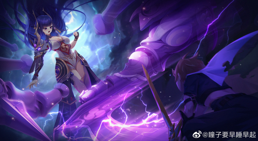 1boy 1girl aether_(genshin_impact) armor back batting_stance blue_background blunt_bangs breasts bridal_gauntlets chinese_commentary cleavage cleavage_cutout clenched_hand clothing_cutout crop_top dress electricity fake_horns fighting_stance fingerless_gloves floating from_behind genshin_impact gloves hair_floating_upwards hand_up headpiece highres holding holding_sword holding_weapon horns japanese_armor large_breasts leaning_forward long_hair looking_ahead looking_down mechanical_hands mitsudomoe_(shape) mole mole_under_eye open_mouth orange_hair pants purple_dress purple_eyes raiden_shogun raiden_shogun_(magatsu_mitake_narukami_no_mikoto) scarf shoulder_armor standing sword thighs tomoe_(symbol) weapon weibo_1763437670 weibo_username