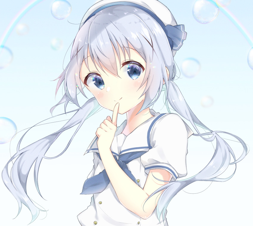 168_azusa balloon beret blowing_bubbles blue_eyes blue_sky blush bubble child closed_mouth dress finger_to_mouth gochuumon_wa_usagi_desu_ka? gradient_background hat highres index_finger_raised kafuu_chino long_hair puffy_sleeves sailor_collar sailor_dress school_uniform sky smile solo sun twintails very_long_hair white_hat white_sailor_collar