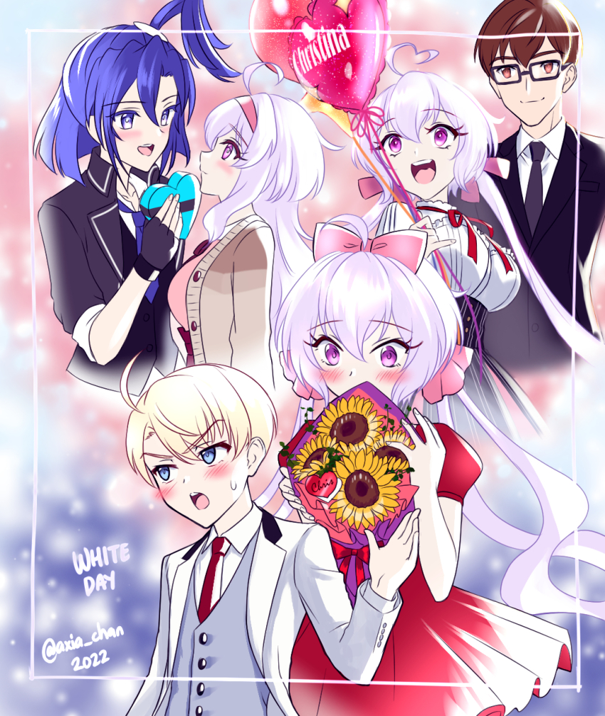 axia-chan balloon blonde_hair blue_hair blush bow breasts brown_hair business_suit cleavage fingerless_gloves flower formal_clothes glasses gloves hair_ornament headband heart_balloon highres jacket_rolled_up kazanari_tsubasa_(another) large_breasts leopold_(symphogear) long_hair medium_breasts multiple_girls necktie ogawa_shinji_(symphogear) open_mouth ponytail ribbon senki_zesshou_symphogear senki_zesshou_symphogear_xd_unlimited short_hair smile suit sunflower sweater thighhighs white_day white_hair yukine_chris yukine_chris_(another)