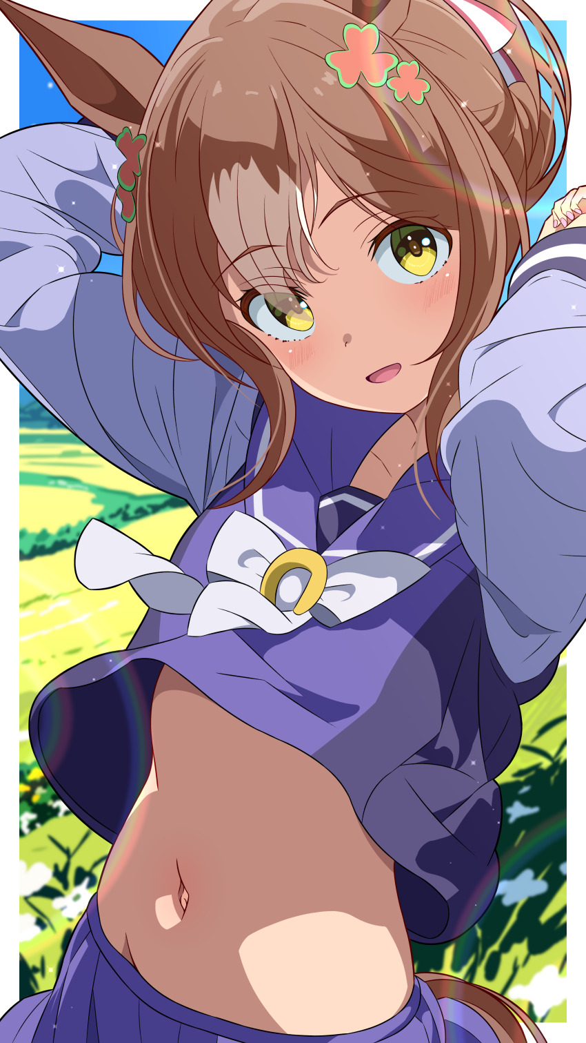 1girl 96dai_0313 absurdres animal_ears arms_behind_head breasts brown_hair collarbone commentary_request fine_motion_(umamusume) folded_ponytail grass green_eyes hair_between_eyes hair_ornament highres horse_ears horse_girl horse_tail looking_at_viewer navel open_mouth school_uniform small_breasts solo tail tracen_school_uniform umamusume