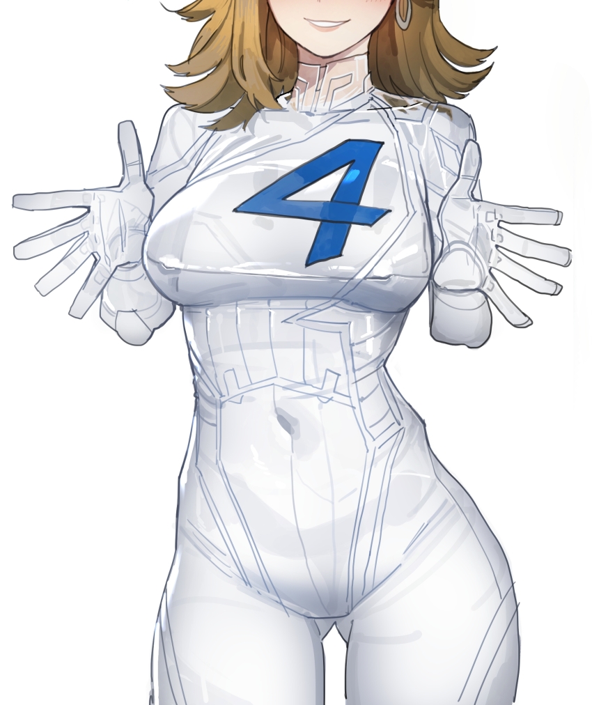 1girl blonde_hair bodysuit breasts earrings fantastic_four gloves gluteal_fold highres jewelry long_hair marvel marvel_rivals ratatatat74 simple_background single_earring smile solo sue_storm thighs white_background white_gloves