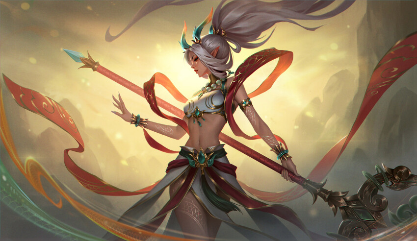 1girl absurdres arm_tattoo bead_necklace beads breasts dragon_horns hair_ornament highres holding holding_staff horns janna_(league_of_legends) jewelry league_of_legends lee_(doollyss) leg_tattoo long_hair magic medium_breasts mountain necklace pointy_ears ponytail skirt solo staff tattoo white_hair white_skirt