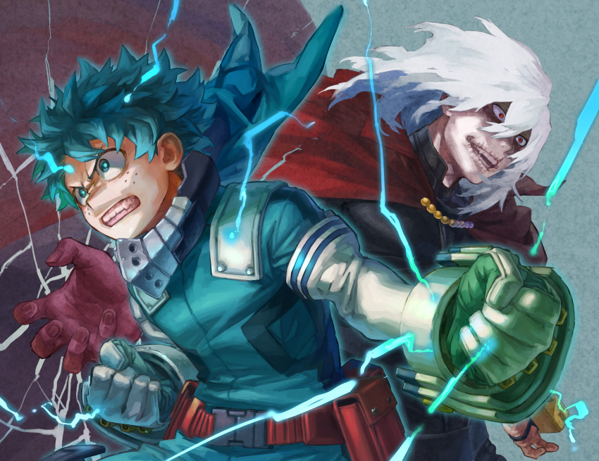 2boys absurdres asymmetrical_gloves beads belt belt_pouch black_bodysuit blue_bodysuit blue_eyes blue_gloves blue_hair blue_pupils bodysuit boku_no_hero_academia bright_pupils buckle cape clenched_hands clenched_teeth clothing_request colored_skin commentary_request crack curly_hair electricity floating_cape floating_hair foreshortening freckles gloves green_gloves hair_between_eyes hands_up highres injury leaning_forward blue_background looking_ahead male_focus mask mask_around_neck medium_hair midoriya_izuku mismatched_gloves mouth_mask multiple_boys open_mouth outstretched_arm partial_commentary pink_skin pouch prosthetic_fingers red_belt red_cape red_eyes sanpaku scar scar_on_face scar_on_mouth shigaraki_tomura short_hair smile snap-fit_buckle spoilers symmetrical_pose teeth turtleneck turtleneck_bodysuit upper_body utility_belt v-shaped_eyebrows white_gloves white_hair wrinkled_fabric wrinkled_skin yomoyama_yotabanashi